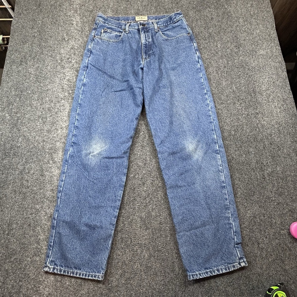 LL Bean Mens Fleece Plaid Lined Jeans 33x32 Relaxed Fit Blue Heavy Denim 139426